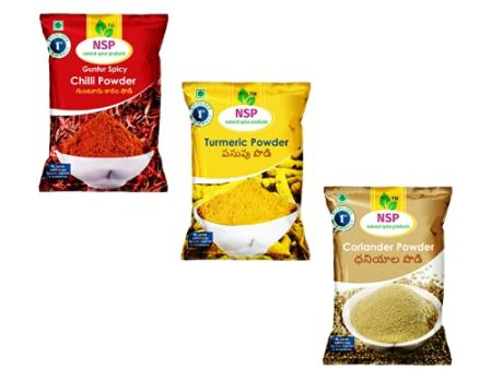 100% Pure Spices Combo Pack (Chilli Powder, Turmeric Powder, Coriander Powder) For Sale